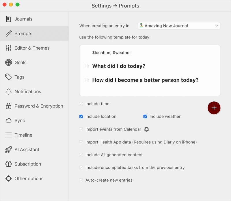 Diarly Settings Writing prompt