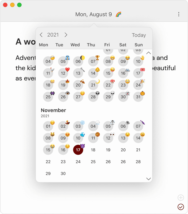 Calendar showing Mood Tracker on Diarly for Mac